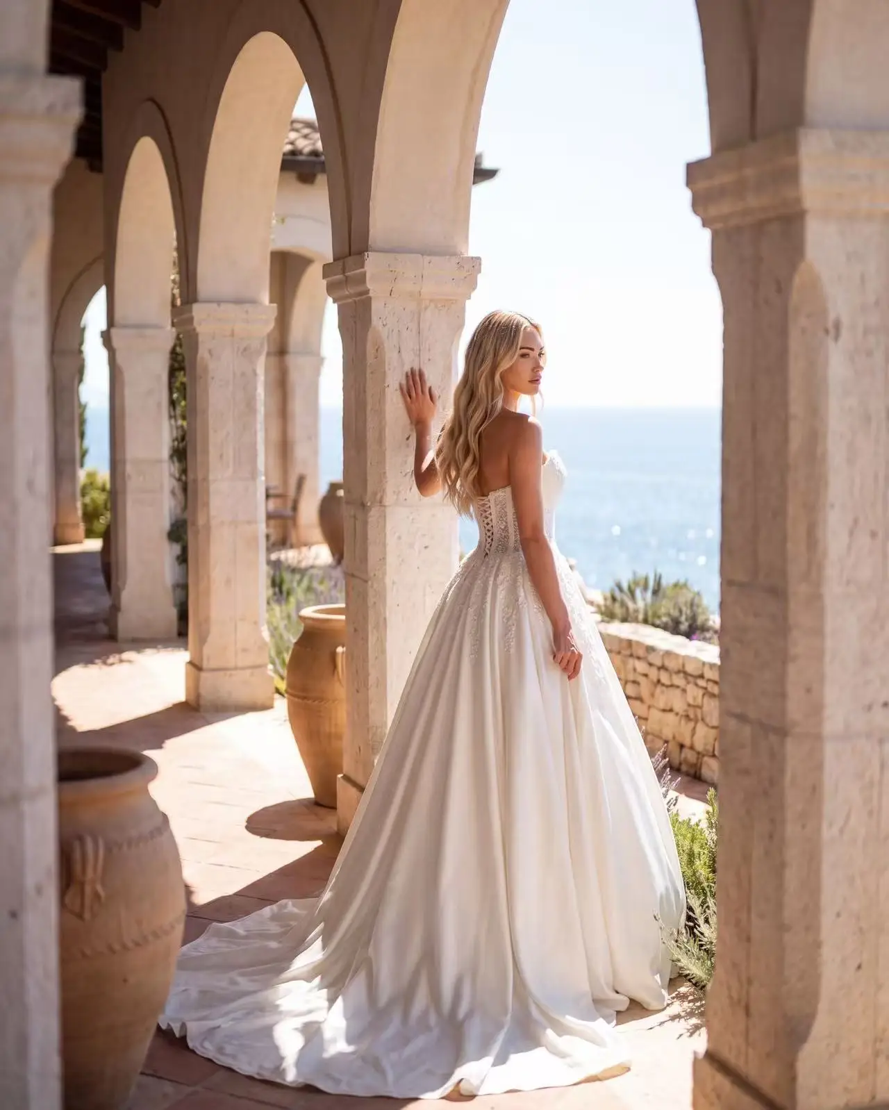Square Neck Strapless Beaded Bridal Gown Satin Ball Gown Wedding Dress Lace Appliques Lace Up Back Chapel Train Custom Made