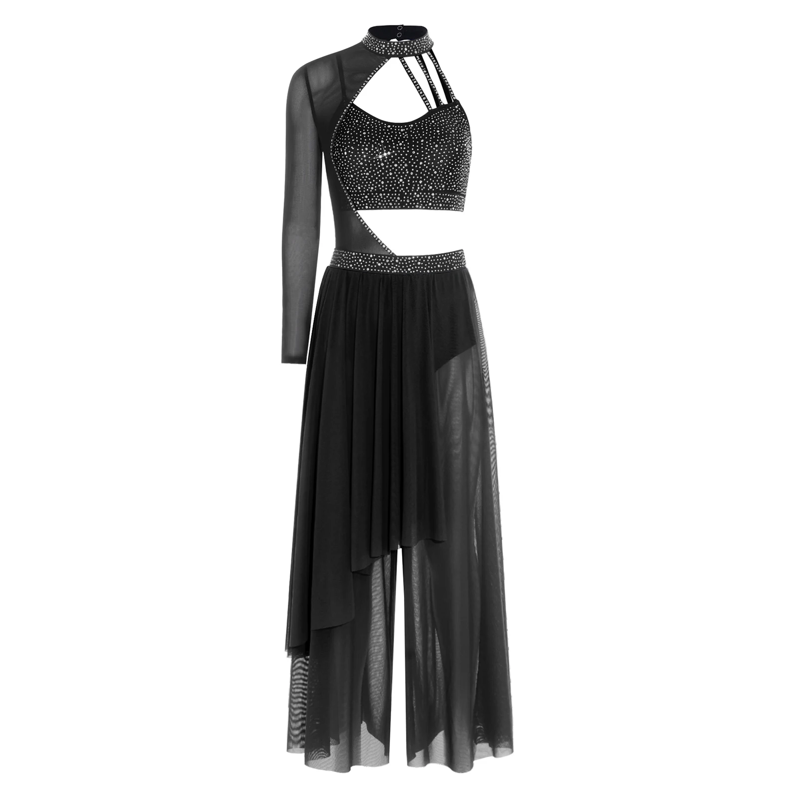 Women Shiny Rhinestones Cutout Mesh Modern Lyrical Dance Wide Leg Jumpsuit Built-in Briefs Skating Ballet Acrobatics Bodysuit