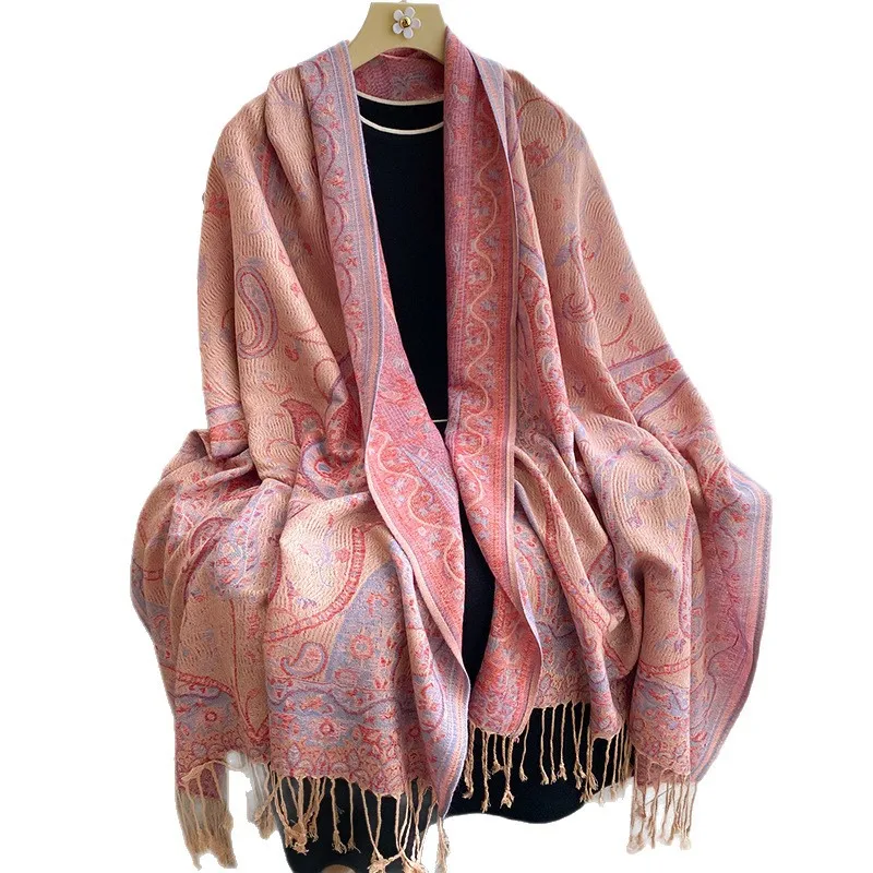 빈티지 여성용 겨울 인조 캐시미어 스카프 두꺼운 테슬 프린트 숄 랩 따뜻한 목도리 & 반다나 다용도 액세서리