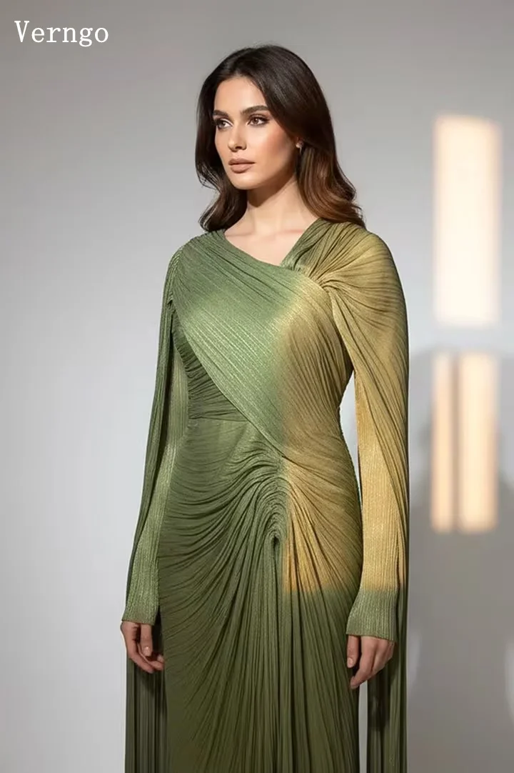 

Verngo Green/Burgundy Shiny Satin Evening Dress Full Sleeves A Line Pleated Formal Occasion Dress Elegant Prom Gowns Customized