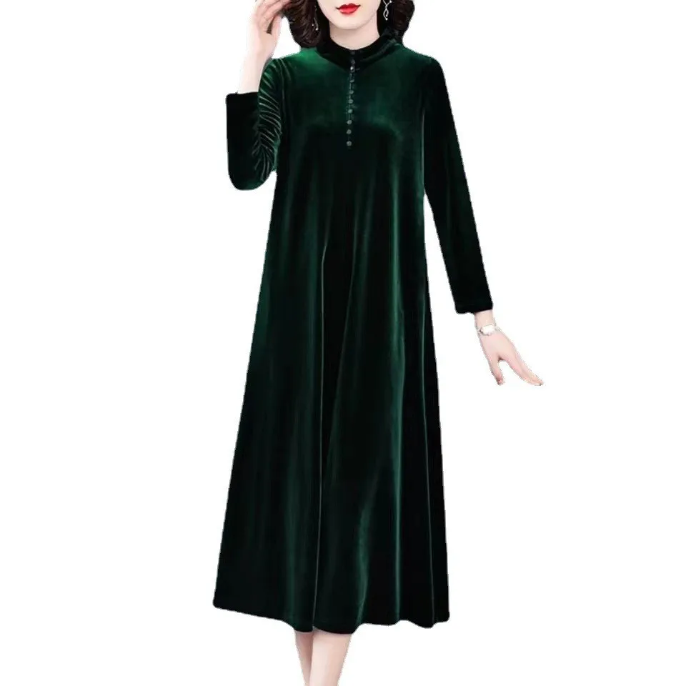 Fdfklak Gold Velvet Nightdress Women Spring Autumn 2023 New Temperament Feminine Long Dress Middle-Aged Mother Nightgowns M-4XL