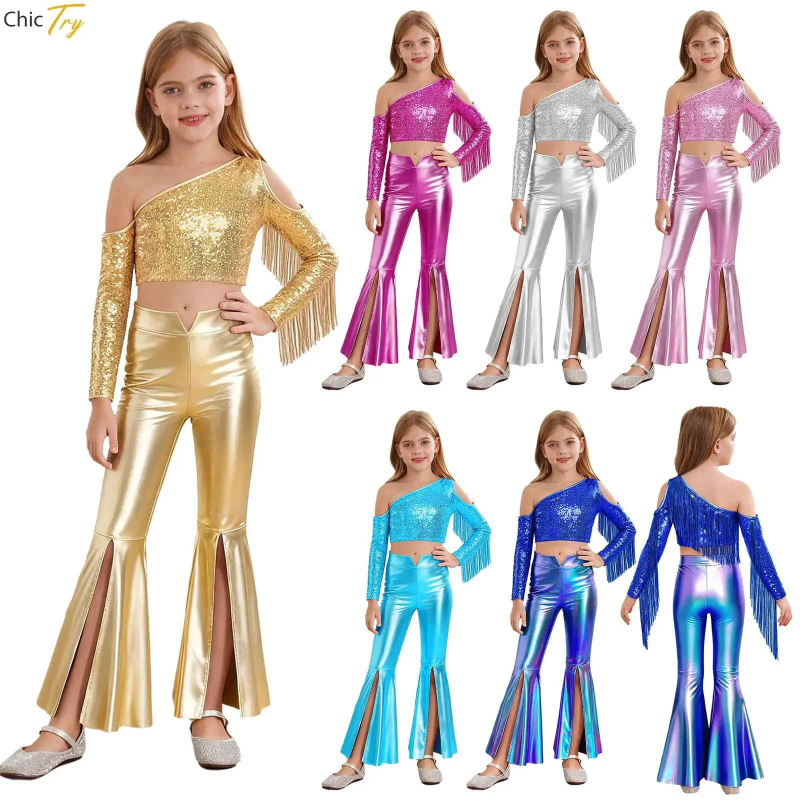 Kids Hippie Costume Shiny Crop Top Street Dance Disco Pants Set Hip Hop Jazz Girl Group Clothes Sets Children Streetwear Costume