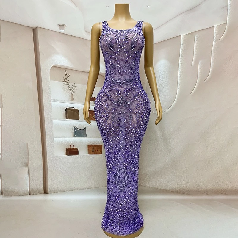 

Purple Suspender Rhinestone Perspective Mesh Drape Dress Adult Model Catwalk Trendy Dress Annual Meeting Evening Wedding Dresses