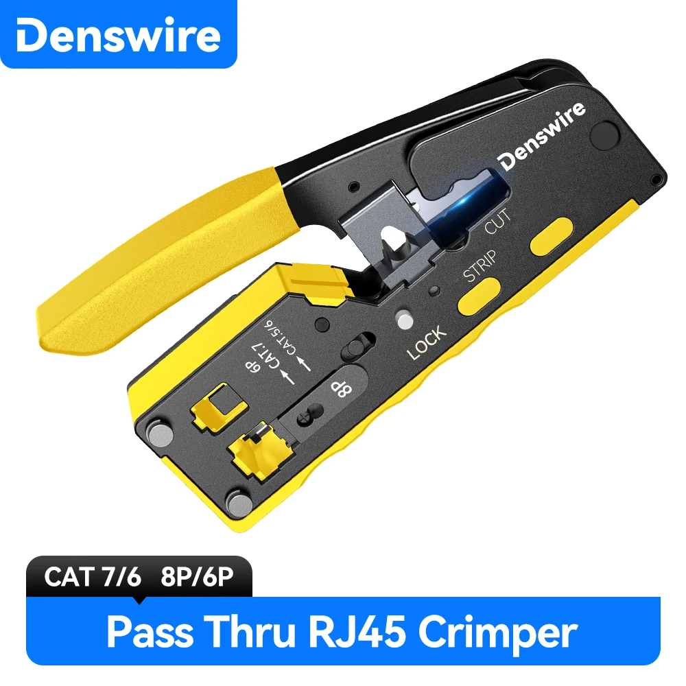 Denswire Pass Through RJ45 Crimp Tool, Stripping Cutting Crimping Ethernet Crimper for Cat8/7/6A/6/5E RJ11 RJ45 Connectors