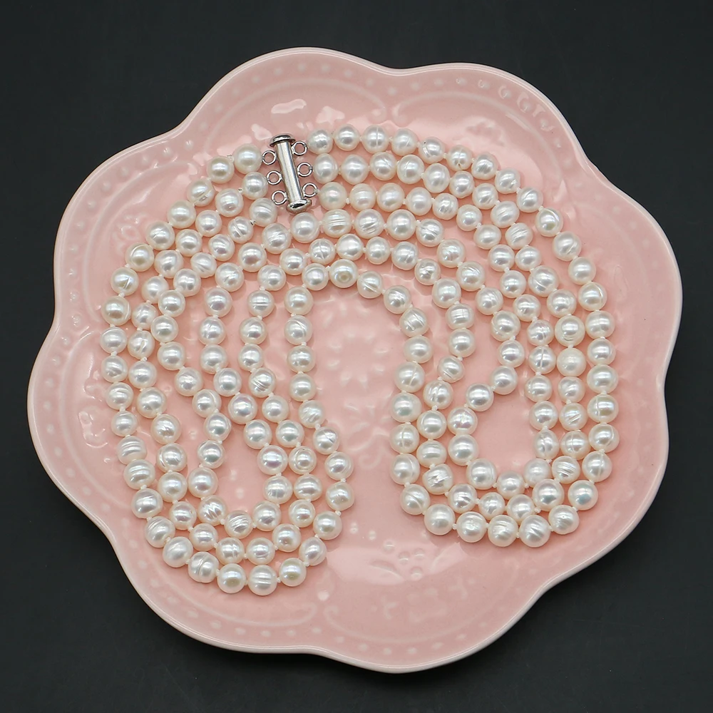 7-8mm Natural Freshwater Screw Pearl Necklace 3-layer Round Pearl Beaded With 3-row Clasp Accessory Design Elegant Jewelry Gift