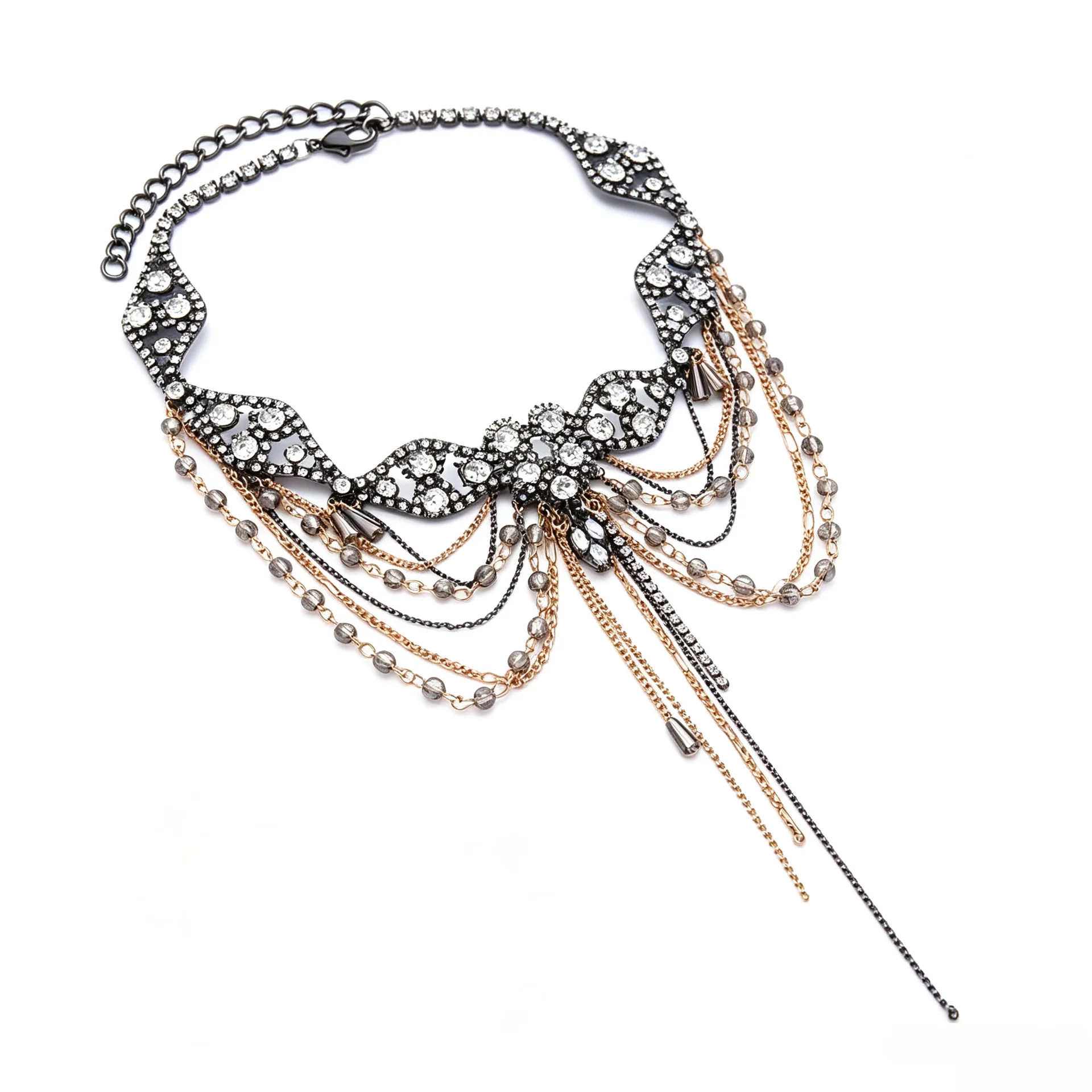 Damen Strass-Quasten-Choker-Halskette, Vintage Mehrschichtige Kette, Perlenkragen, Statement-Halskette für Hochzeitsfeier-Schmuck – Detail 3