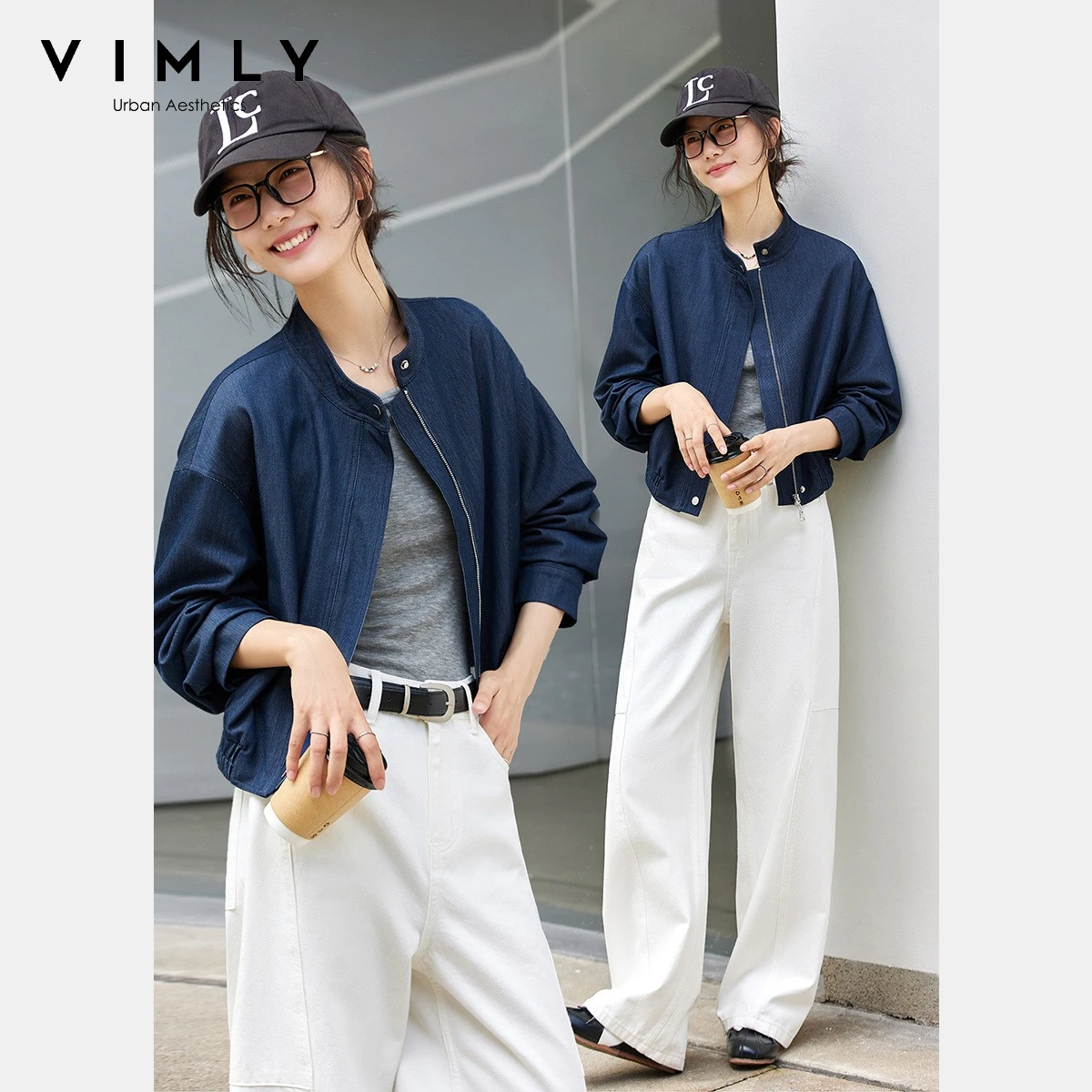 

VIMLY Women Cropped Denim Jacket Vintage Woman Outerwear 2026 Spring Autumn Long Sleeve Stand Collar Short Lady Jackets A2019