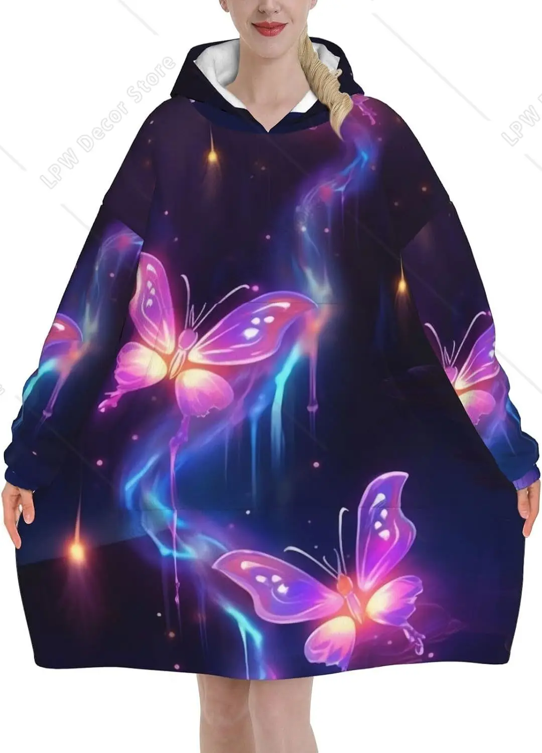 Purple Butterfly Print Blanket Hoodies For Women & Men Adult Teen Wearable Hooded Sweatshirt With Pocket
