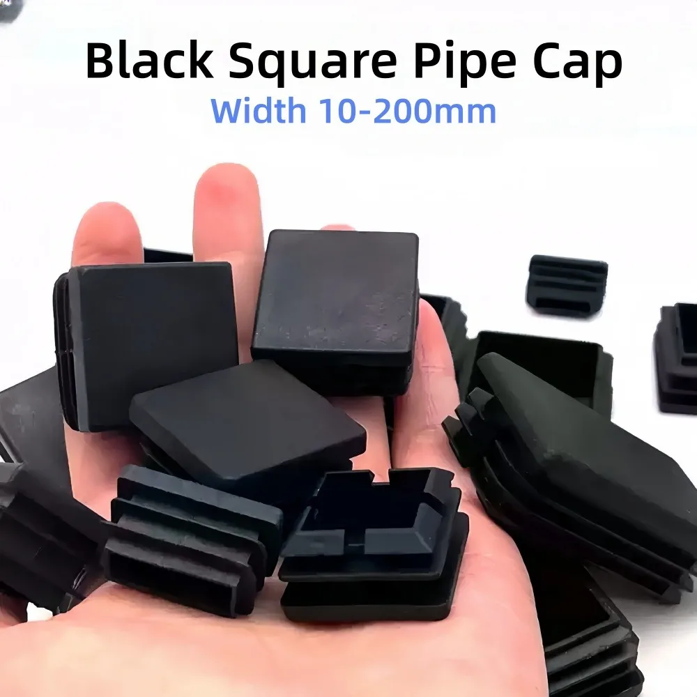 10-200mm Black Plastic Square Pipe End Caps, Blanking Insert Plugs for Furniture Legs, Tube Bungs, Chair Foot Pads