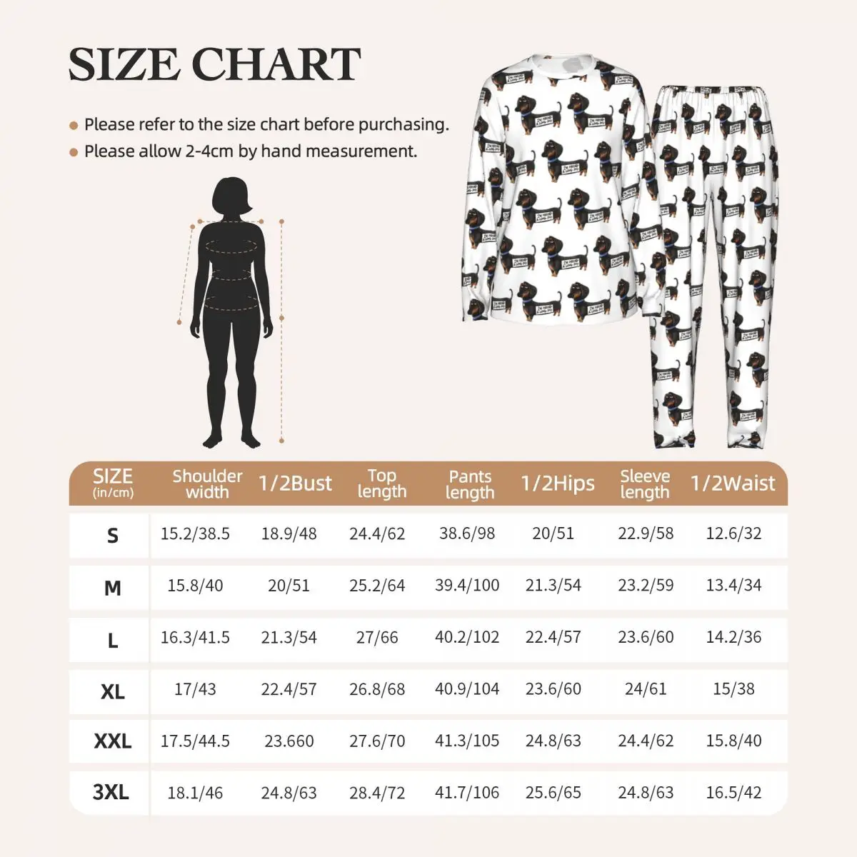 Dachshund Dog Funny Pupy Round Neck Long Sleeves Nightdress for Sleeping Sleepshirts Women Loose Pajama Set Long Pants 2