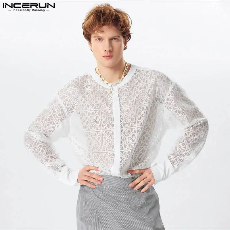 Incerun-Men's Lace Transparente Stand Collar Camisa, Roupas de Manga Comprida, Solto Streetwear Sexy, Moda Casual, S-5XL, 2024