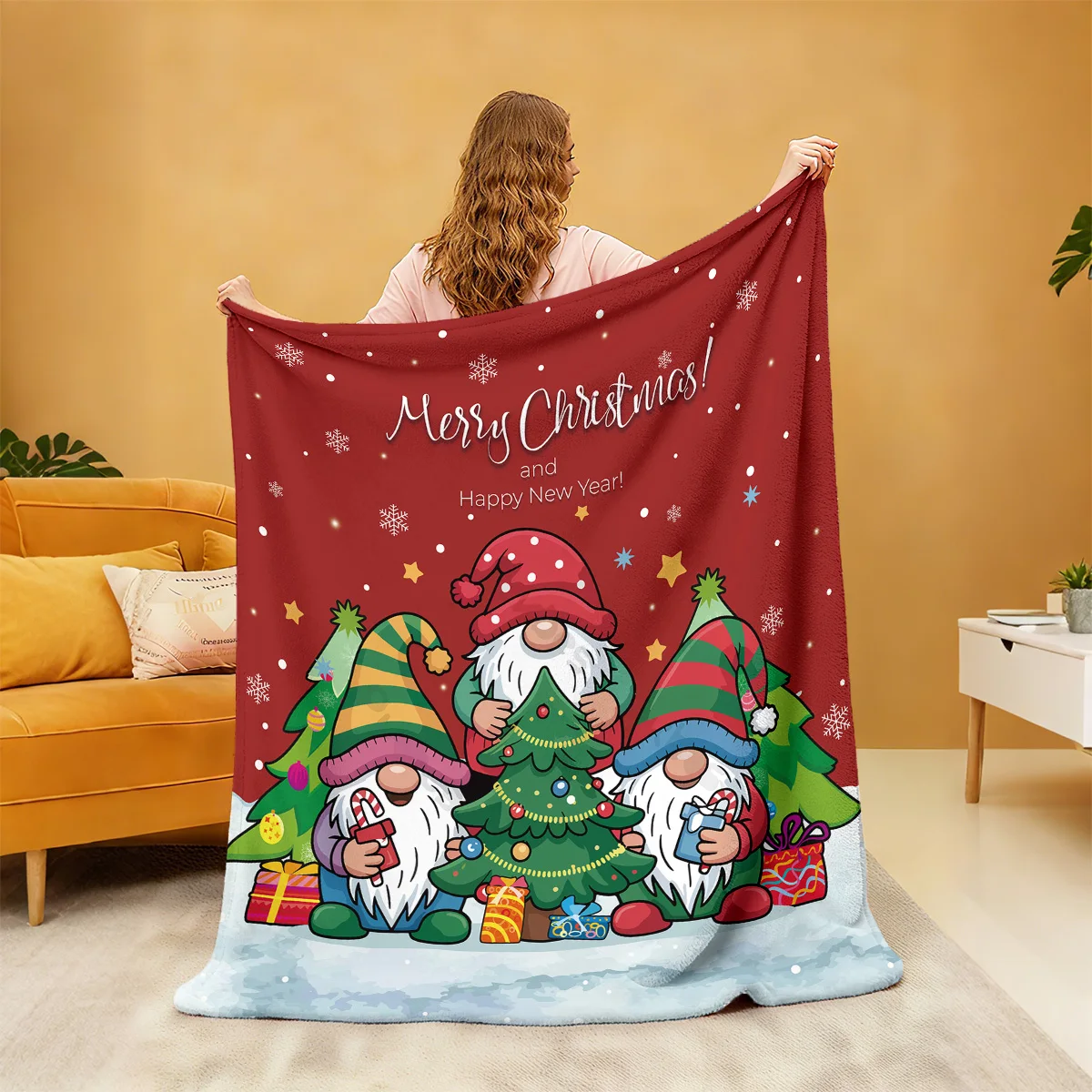 قطعة واحدة من بطانية الفانيلا بطباعة عفريت كرتونية لعيد الميلاد 230 جرام بأحجام متعددة، بطانية قيلولة غير رسمية ناعمة ومريحة، قابلة للغسل في الغسالة #5