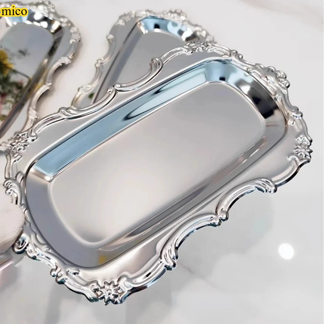

Vintage Embossed Stainless Steel Tray for Desserts, Jewelry Storage & Tableware Decoration