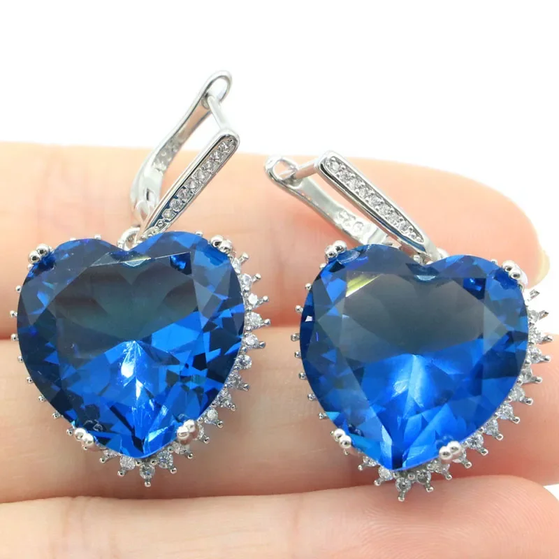 17g 925 SOLID STERLING SILVER Customized Earrings Pretty Heart Shape London Blue Topaz Kunzite Red Blood Ruby Aquamarine CZ Woma