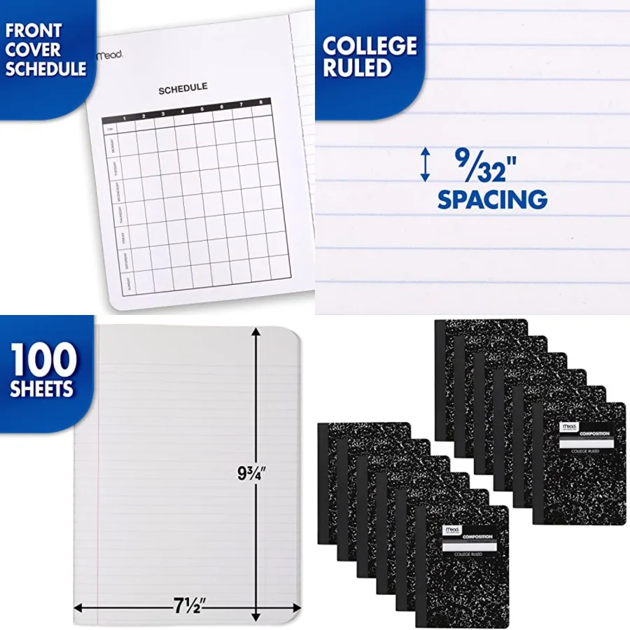 

Composition Notebook, 12 Pack, College Ruled Paper, 7-1/2 x 9-3/4, 100 Sheets per Comp Book, Marble 72938