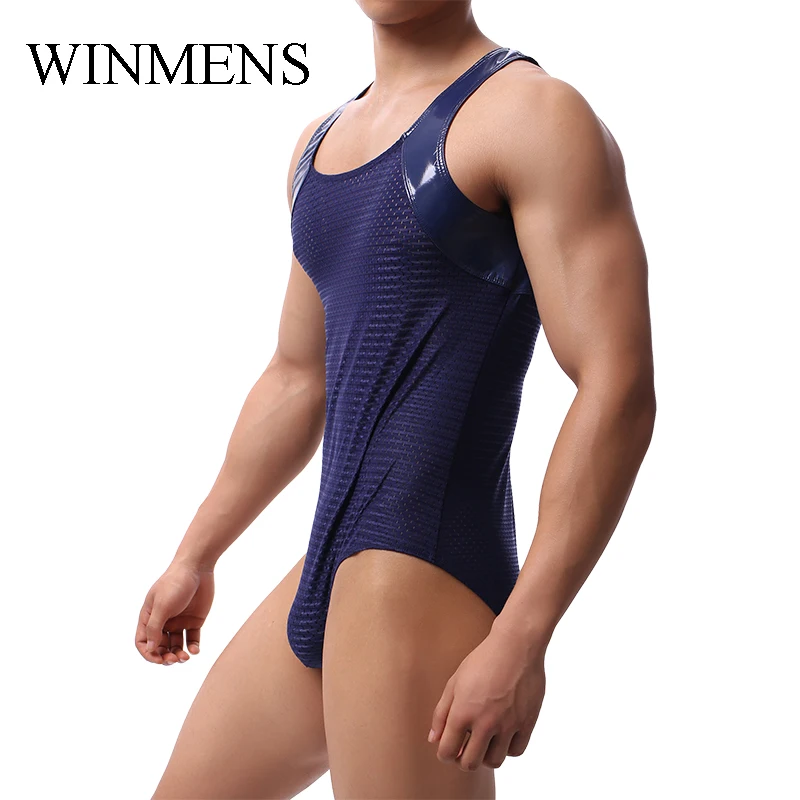 Solid Breathable Mesh Men\'s Sports Triangle Jumpsuit Sleeveless Male One Piece Pajama Fishnet Onesie Sleepwear Summer Bodysuit