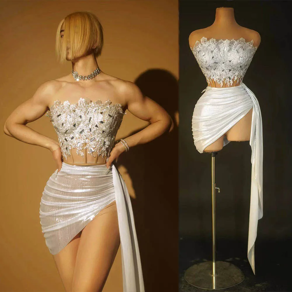 

Gogo Dance Clothing White Strapless Tops Skirt Split Suit Festival Party Outfit Host Model Stage Costumes Party Dresses VDL488