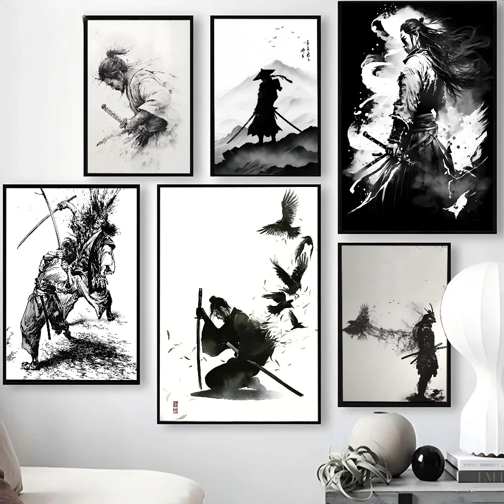 1PC Black And White Japanese Black Samurai Man With Crow Poster Self-adhesive Art Waterproof Paper Sticker Coffee House Bar Room