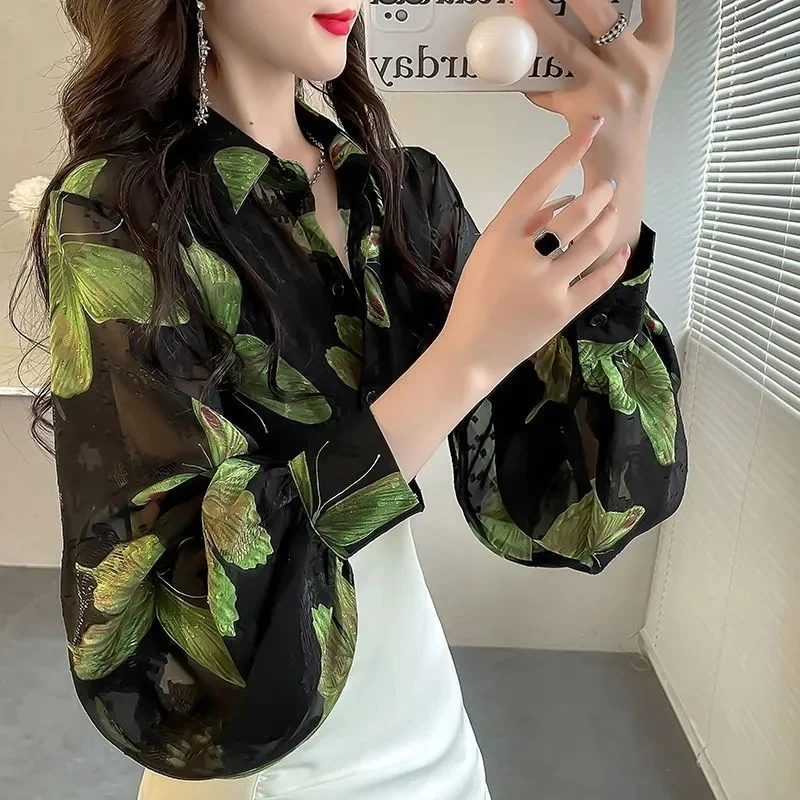 Elegant Ladylike  Print Embroidery Blouse Loose Lantern Sleeve Chiffon Shirt Commute Style Regular Sleeve Long Shirt