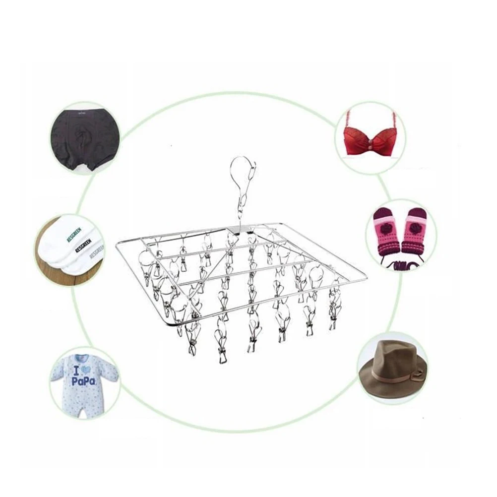 

26 Pegs Square Sock Rack Stainless Steel Multi-Functional Windproof Drying Rack Space Saver Clothes Clips Single Layer Solid