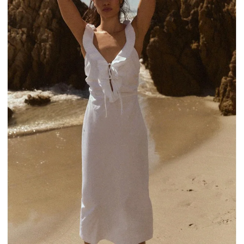 Vestido de tecido corta-vento com decote em V, design aberto, laço de borboleta, decoração em camadas, saia longa de cintura ...