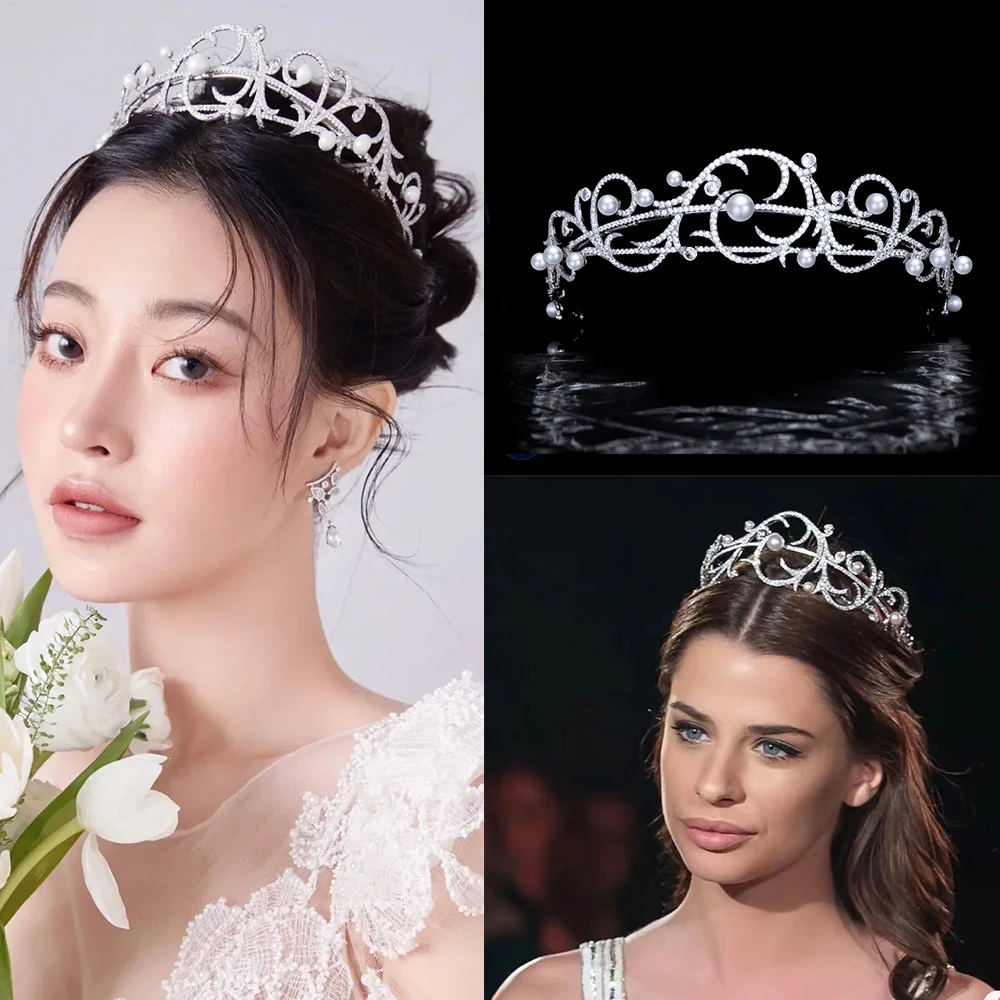 

Himstory Cubic Zirconia Replica Spanish Pearl Tiara for Wedding Princess Hair Crown Diadem for Girl Prom Party Head Jewelry