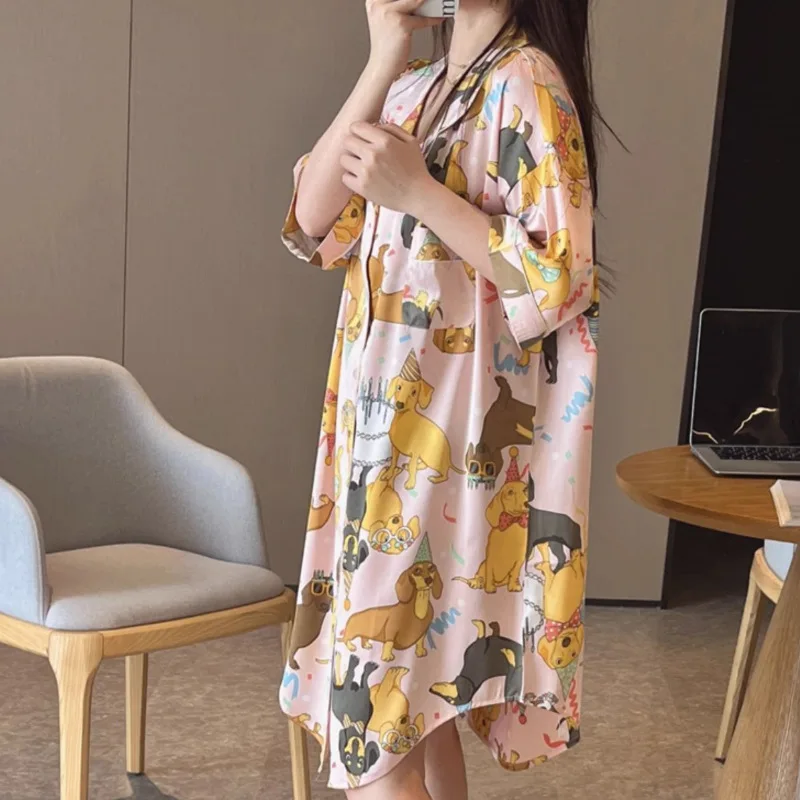 Summer Women Cardigan Pajamas Dress Ice Silk New Cartoon Animal Printed Nightgown Lapel Short Sleeves Nightdress Cool Night Gown