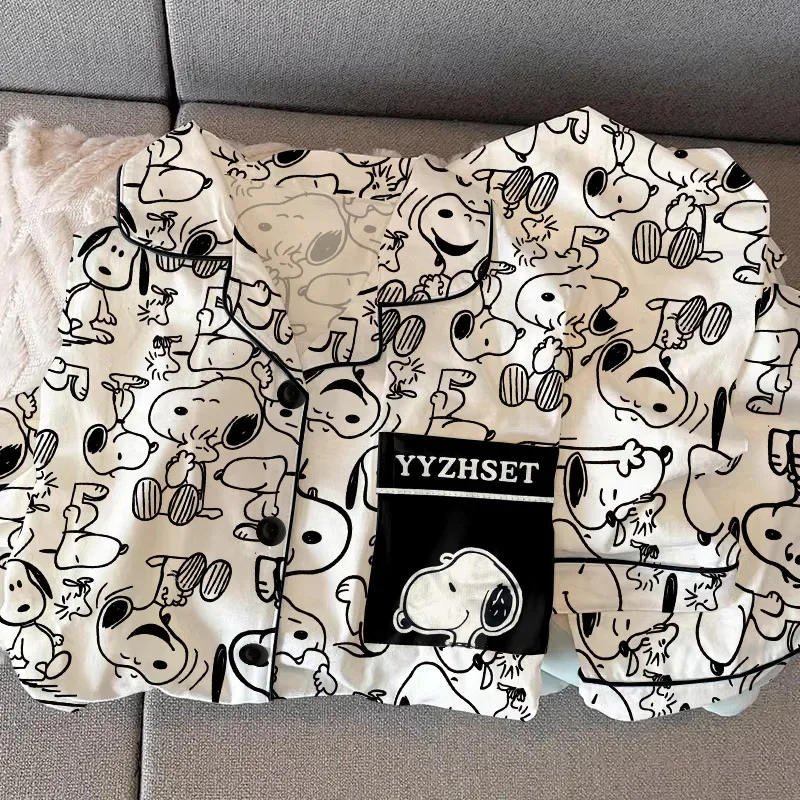 

Kawaii Snoopy пижамы модные женские брюки с длинными рукавами рубашка с отложным воротником ночная рубашка женская одежда для сна с мультяшным принтом