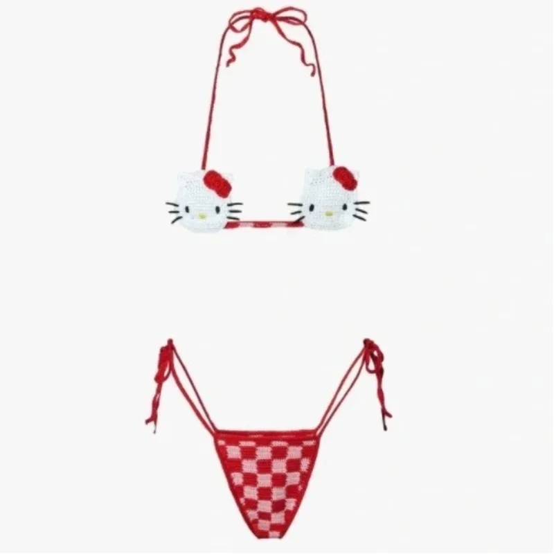 Hello Kitty-Conjunto de Bikini de ganchillo para mujer, traje de baño Sexy con Tanga, estilo Y2k, para verano, 2024