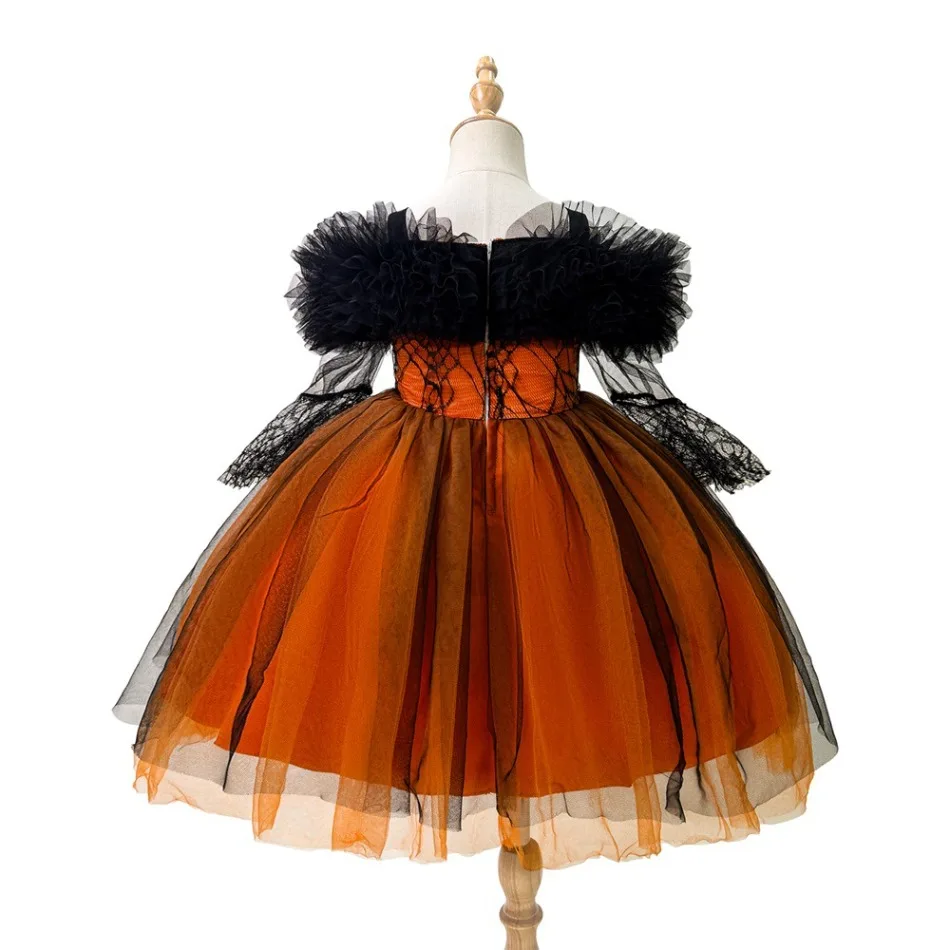 Mädchen Halloween Off-Shoulder Feder-Spitzenkleid Kinder Spinnennetz Tüll Tutu Kleid Schwarz Orange Cosplay Party Kostüm ASQ03 – Detail 7