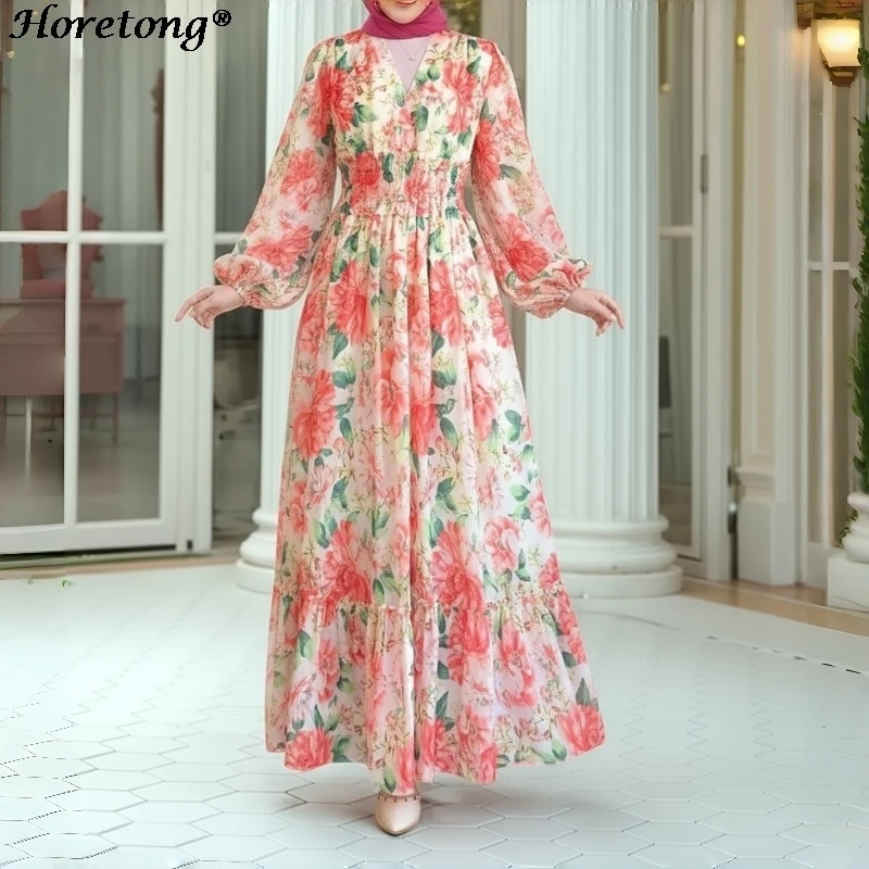 Women Floral Print Maxi Dress V Neck Lantern Sleeve Smocked Waist Tiered Ruffle Hem Long Sleeve Elegant Casual Party Long Dress
