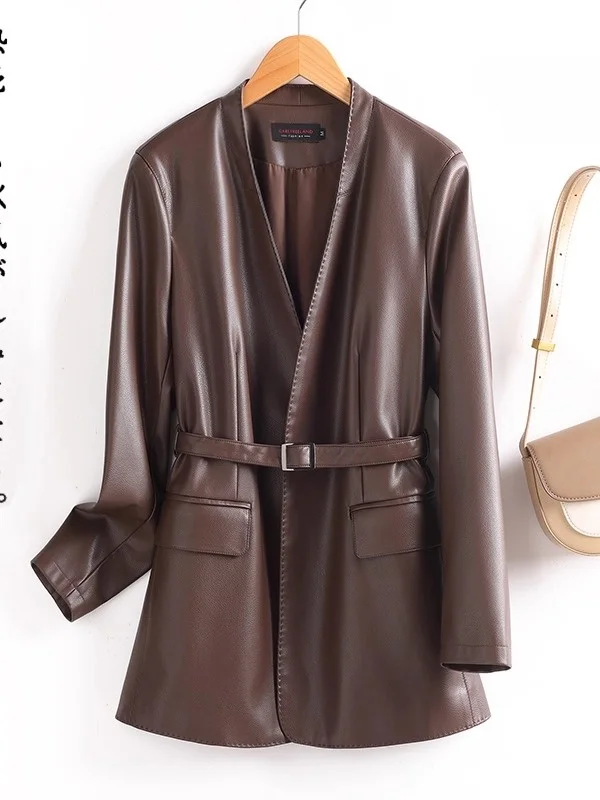Faionable V-Ne Leather Jaet Women's Slim Fit Mid-Length Spring Autumn New Sle Haifeng Genuine Leather Coat