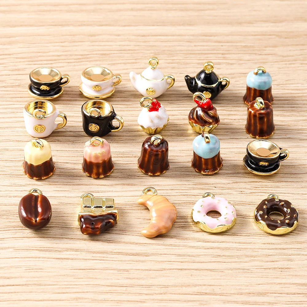 Tusember 5pcs Cute Teapot Coffee Beans Donuts Charms Coffee Cup Cake Dangle Charm Beads Fit Original Bracelet Women Jewelry Gift