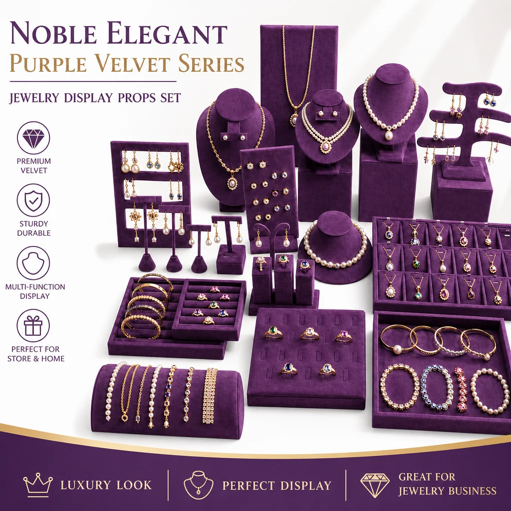 Noble Elegant Purple Velvet Jewelry Display Props Set, Ring Holder, Earring Stud Stand, Necklace Portrait Model, Pendant Tray