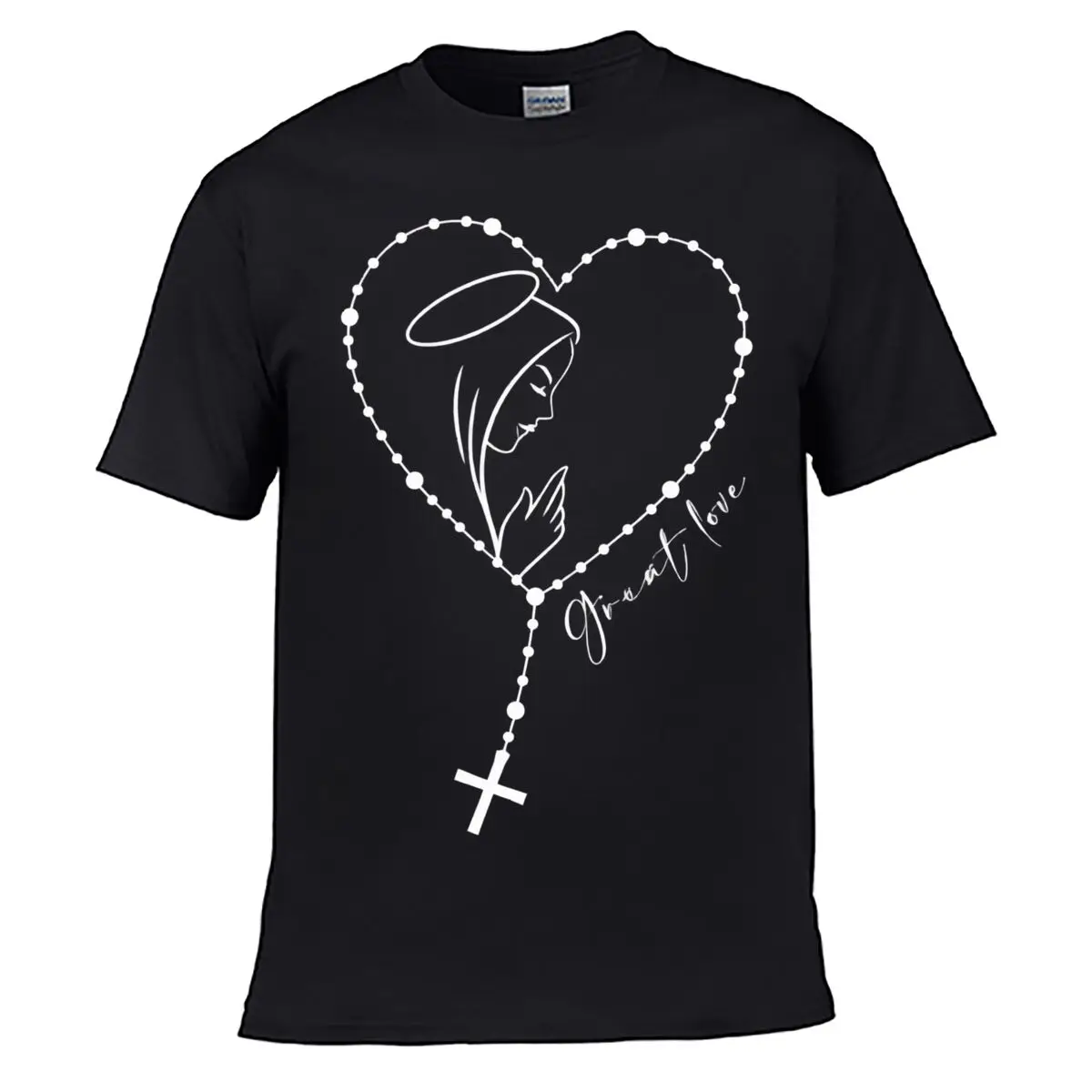 Great Love Virgin Mary Rosary Prayer Religious Graphic Loose Casual T-shirt