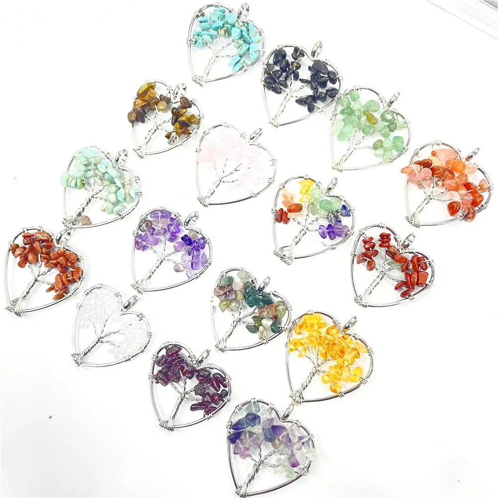 1- pieces packed with 30mm heart-shaped Tree of Life Natural crystal agate gemstone colored necklace gravel wrapped silk pendant