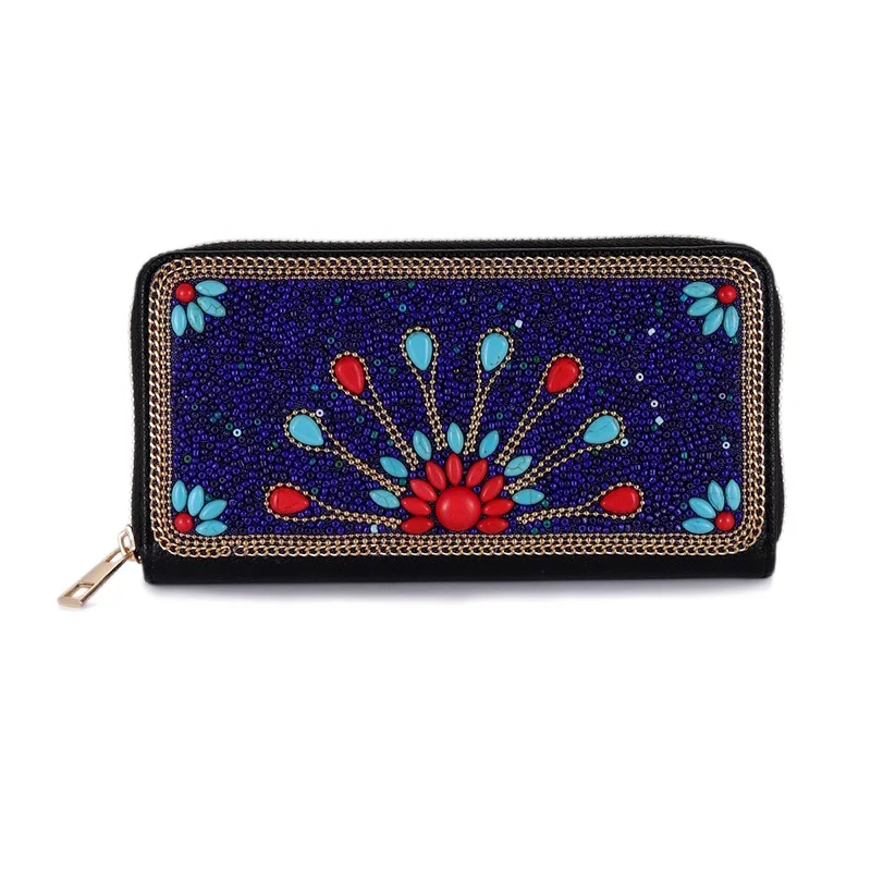 Bohemian Beaded Wallet for Women Floral Seed Bead PU Leather Zip Around Long Purse Hand-Beaded Clutch Card Holder