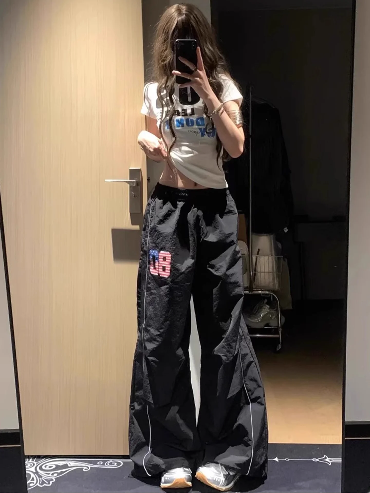 Retro American Printed Reflective Strip Casual Pants Women's Lightweight Qui Dry Sports Long Trousers High Waist Straight Leg