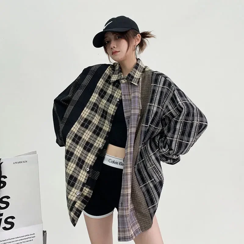 QWEEK Vintage Patchwork Plaid Shirt Japanese Style Oversized Women\'s Blouse Korean Streetwear Long Sleeve Tops Harajuku Fashion