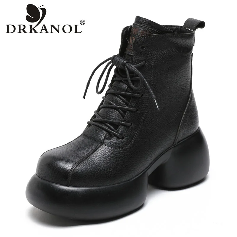 DRKANOL Women Genuine Leather Thick High Heel Ankle Boots Genuine Leather Handmade Retro Platform Thick Plush Warm Casual Boots