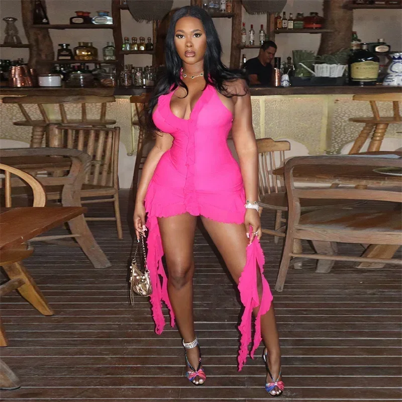 Guwu sexy halter com decote em v sem costas vestidos de festa feminino boate babados hem sem mangas bodycon vestido de verão para mujer