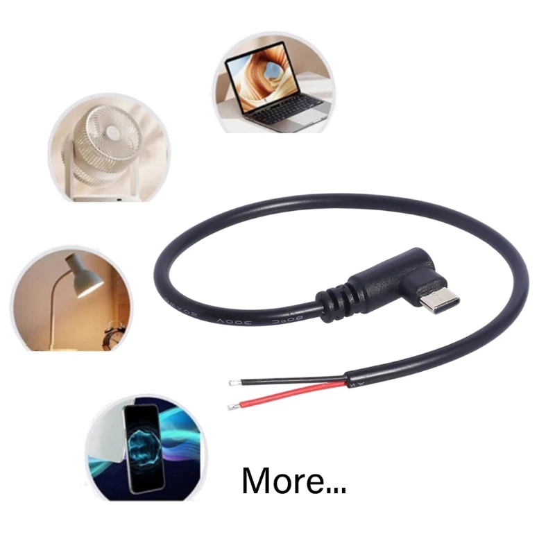 Right Angle USB C Power Cable 2 Pack, USB C Male to Bare Wire Charging Cable, 30cm 20AWG DIY Pigtail for 5V Small Device