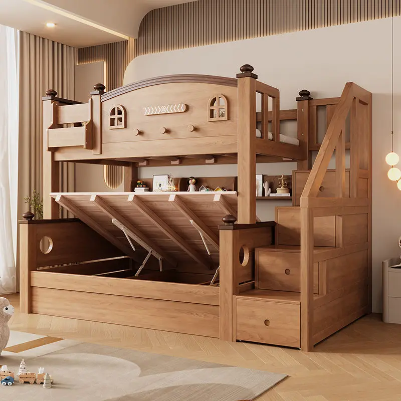 

All solid wood Liriodendron children's upper and lower beds Double-layer multi-functional high and low children and mothers