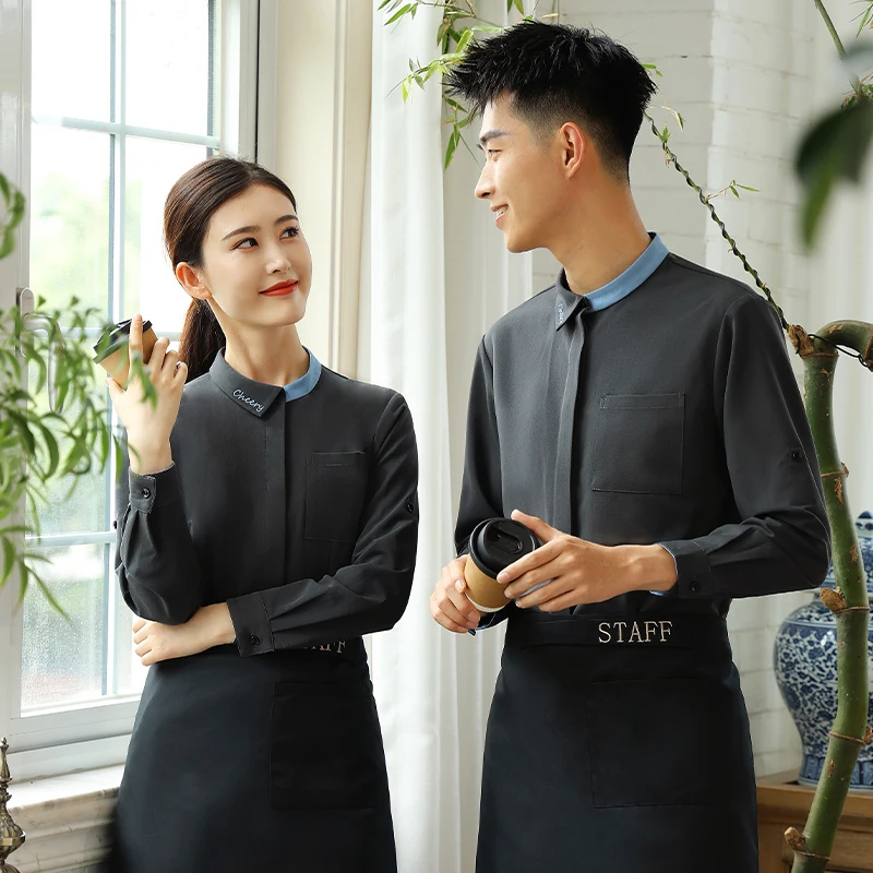 2024 Spring New Bakery Work Long Sleeve Shirt+Apron Set Hamburger Restaurant Catering Waiter Uniform DIY Logo Customize Workwear