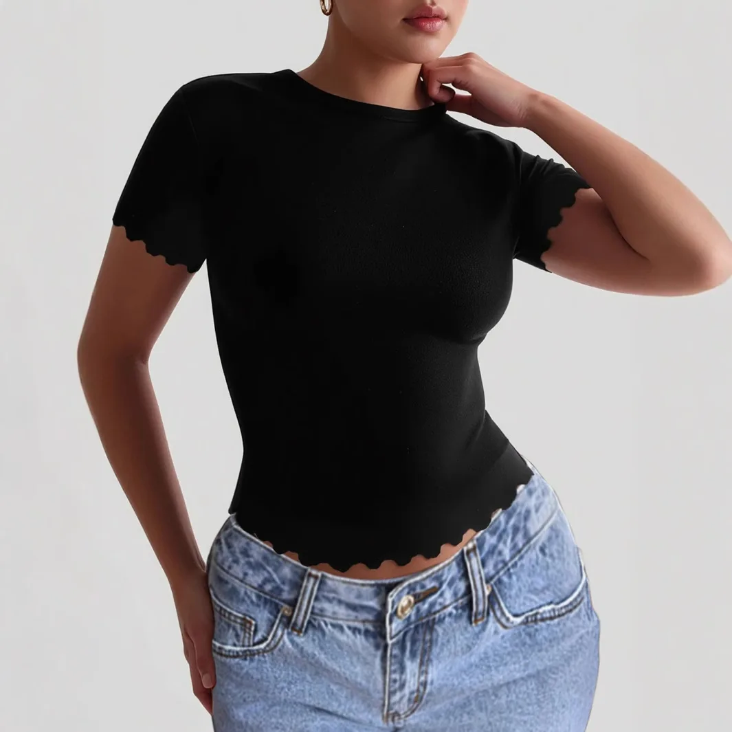 صيف 2025 لون سليم صالح المرأة تي شيرت ort Sve جولة Ne البوليستر النسيج Faionable رداء علوي غير رسمي للشابات