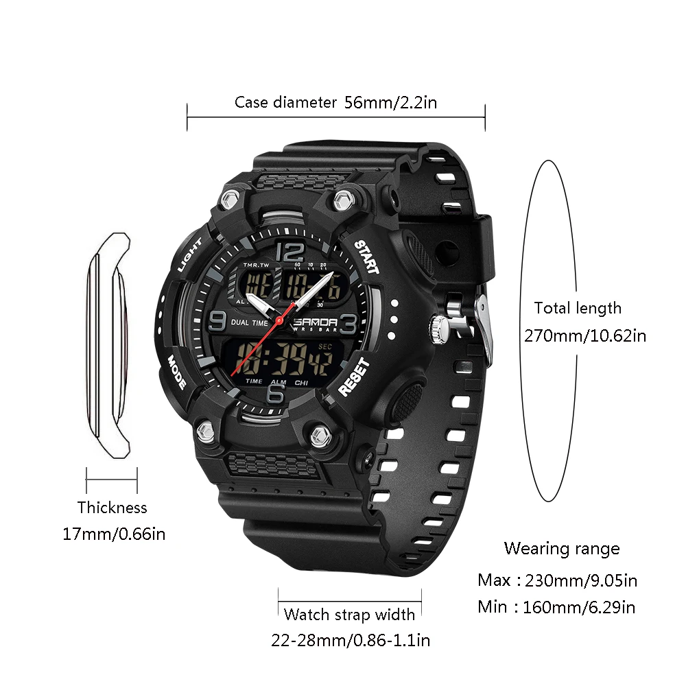 Sanda Mens Sports Watches Waterproof,Fashion Dual Display Men Quartz Wristwatch,Stopwatch Luminous Military Watch For Man Reloj