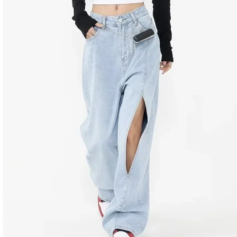 Women's Summer Light Blue Ripped Straight Leg Jeans High Waisted Loose Casual Lacerate Reach The Ground Jeans Wide Leg Pants