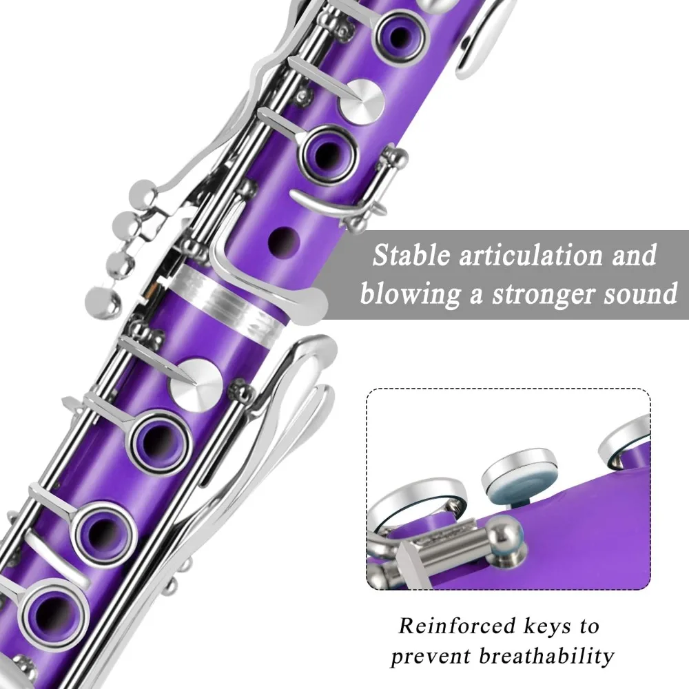 Bb Clarinet For Beginners Students B Flat Clarinet 17 Keys Clarinet with Case Stand Strap 2 Barrels 8 Mouthpiece Cushion