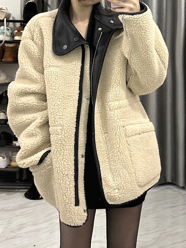 Lamb Fleece Suede Double Wear Thickened Coat Women\'s Winter American Retro Versatile Loose Worn Thickened Motorcycle Wear