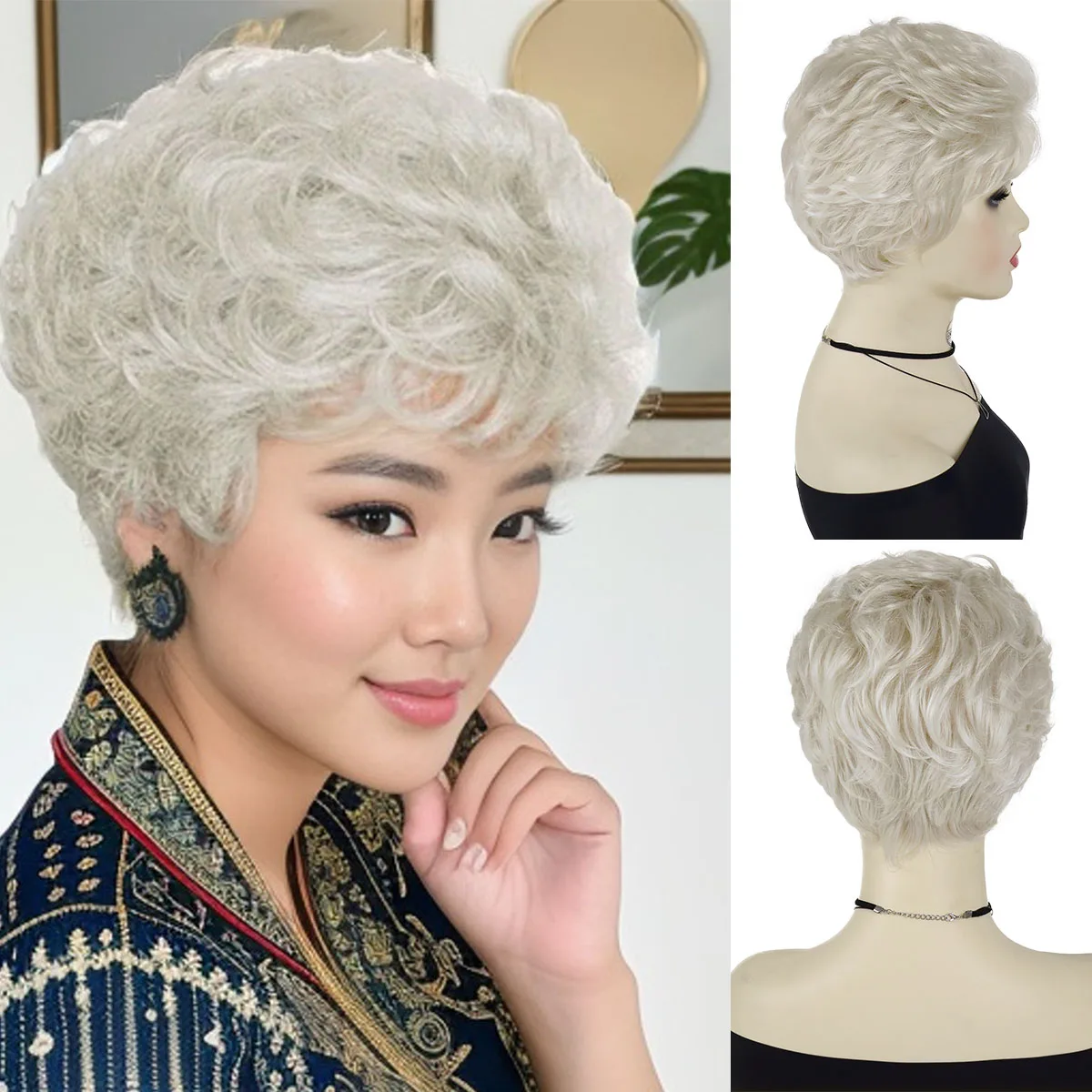 สังเคราะห์ผมตัดผมสั้นวิกผมหยิกกับ Bangs Platinum สีบลอนด์ Granny Wigs สําหรับผู้หญิงสีขาวเอเชียคอสเพลย์ฮาโลวีนเครื่องแต่งกาย